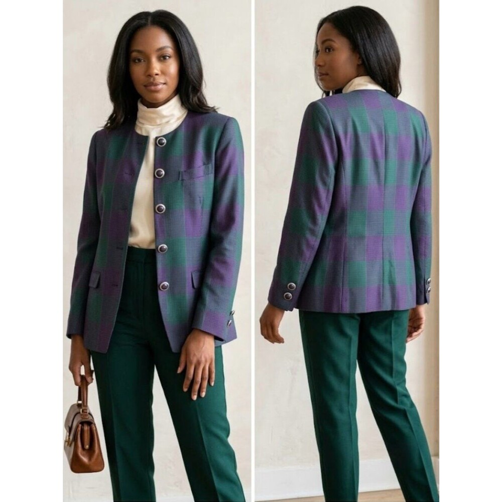 Vintage Kasper ASL 80s 90s Plaid Collarless Boxy Blazer Jacket Green Purple 4